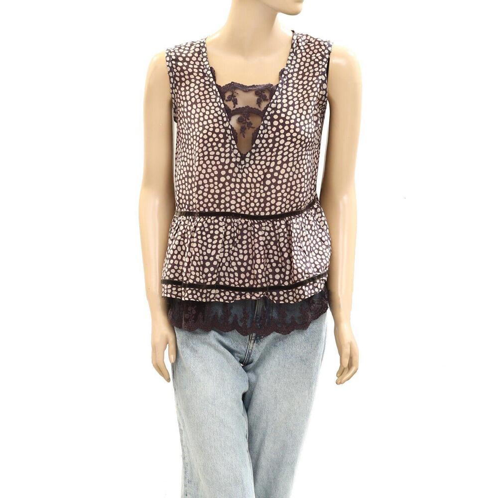 Alessia Santi Dot Printed Lace Blouse Top Embroidered Velvet Ruffle M-38 278143
